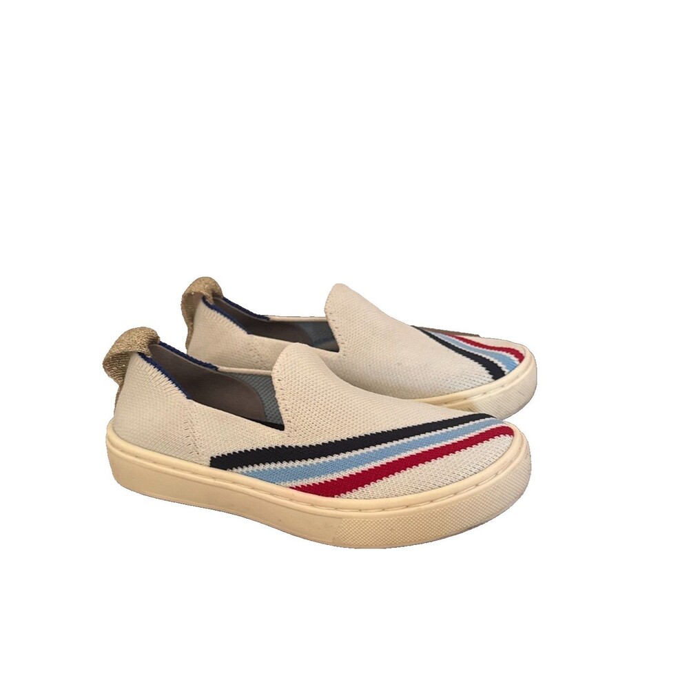 Rothy’s Kids Slip On Sneakers K11 Ivory Red Blue Stripe Knit Washable Shoes